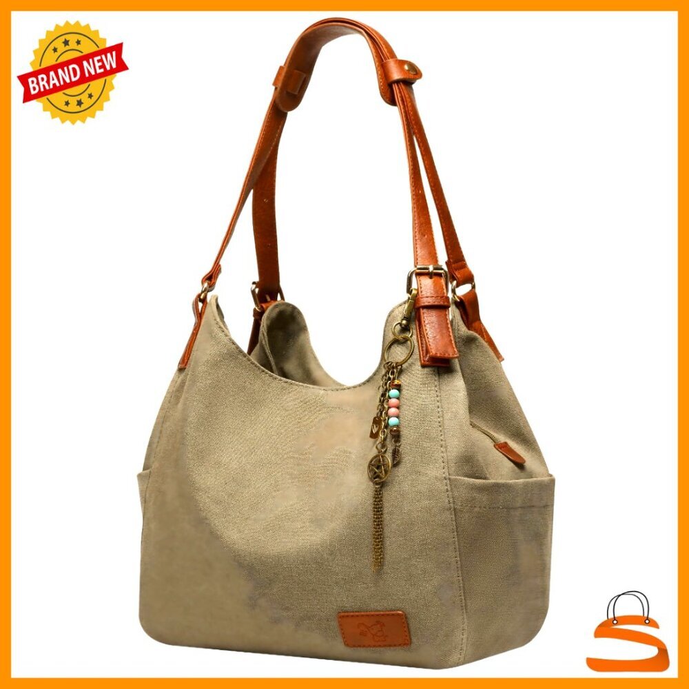 Large Canvas Hobo Tote with Embroidery, Multi-Pocket Shoulder Bag